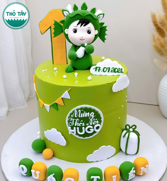 Mẫu bánh đầy tháng bé rồng màu xanh