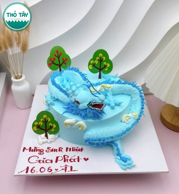 Bánh fondant thôi nôi bé trai rồng xanh – Thiết kế 3D