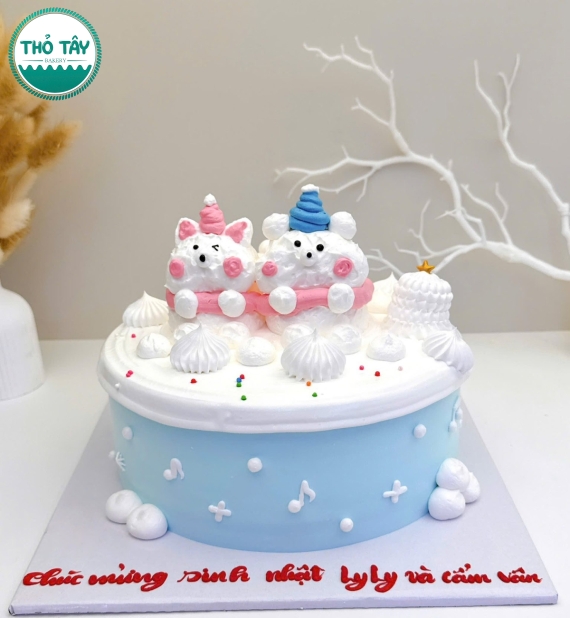 Bánh kem hàn quốc tone xanh 2 chú gấu 