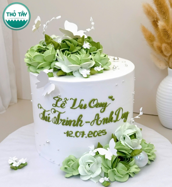 Bánh kem cưới 2 tầng tone xanh cao cấp-bánh kem ở cần thơ