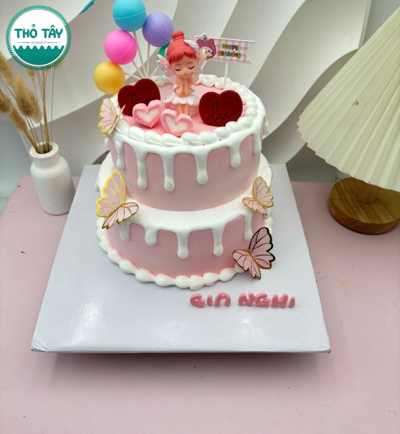 Bánh kem dành cho sinh nhật bé gái 2 tầng tone hồng 