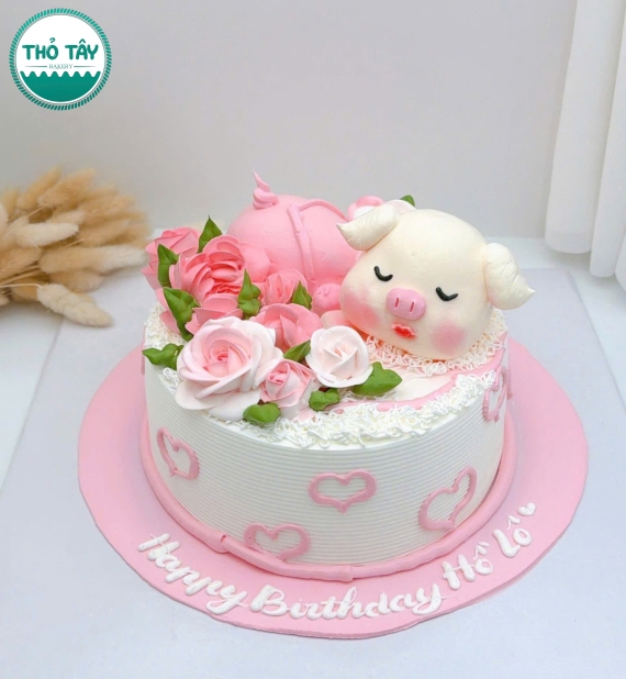 Bánh Kem dành cho nữ tone hồng trang trí con heo