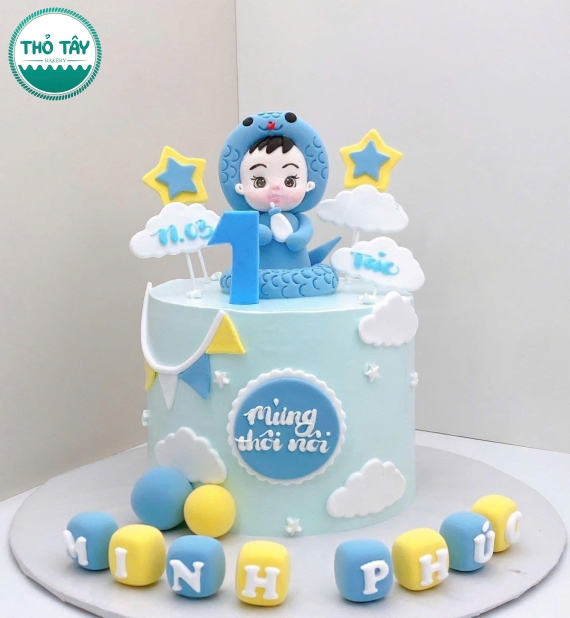 Bánh Kem thôi nôi tuổi tỵ tone xanh dương cho bé trai