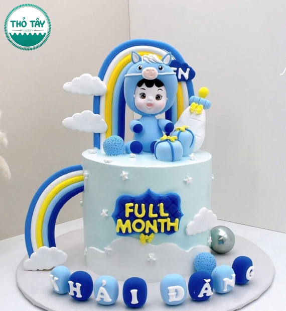 Bánh Kem thôi nôi tuổi tỵ tone xanh dành cho bé trai 