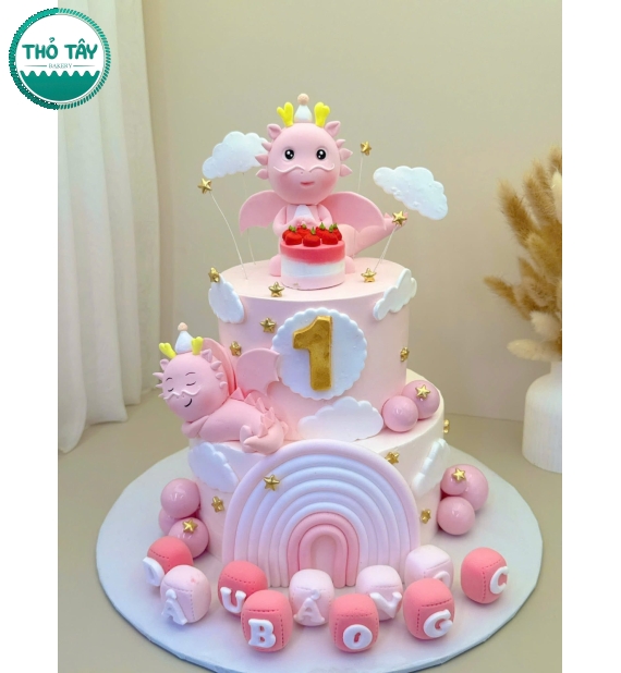 Bánh fondant thôi nôi bé gái màu hồng pastel – Thiết kế 3D dễ thương