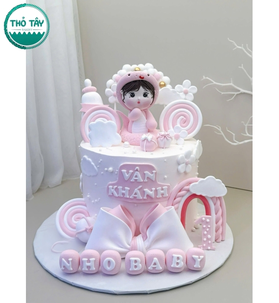 Bánh fondant thôi nôi 1 tầng – Mẫu cao cấp, tạo hình cô bé tuổi rắn