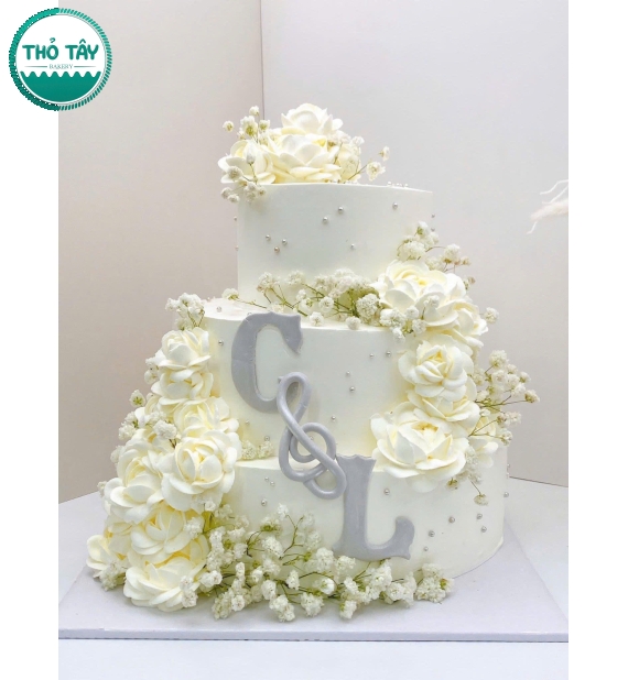 Bánh Cưới Tone trắng 2 tầng trang trí hoa cao cấp 