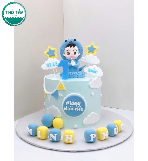 Bánh Kem thôi nôi tuổi tỵ tone xanh dương cho bé trai